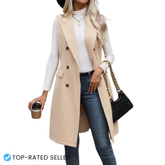 Long Wool Vest Sleeveless Blazer Classic Trench Coat Outerwear Fall Winter